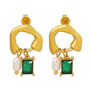 Gold-tone stainless steel earrings with combo emerald and pearl faux design